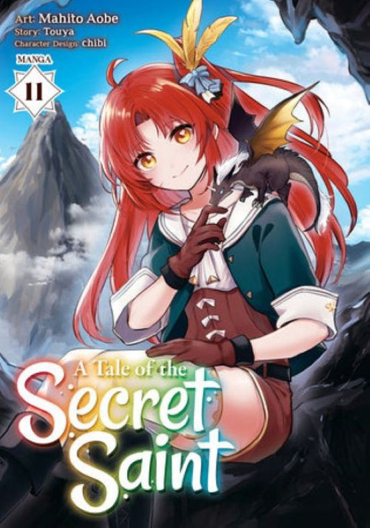 Manga book cover of 'A Tale of the Secret Saint' with a character holding a cat against a mountainous background.